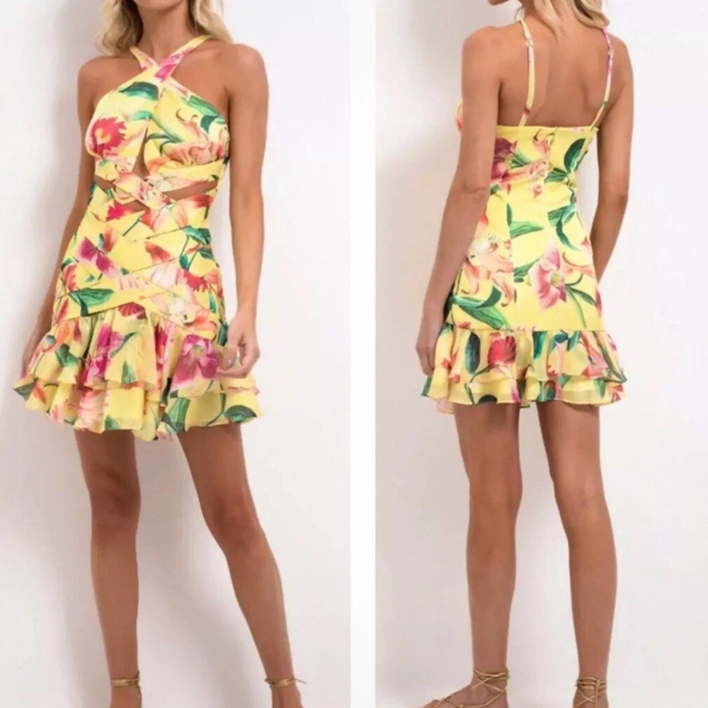 PatBO Yellow Floral Backless Ruffle Mini Dress